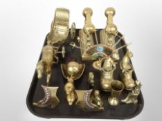 A group of brass wares, horse and carriage ornament, pair of fire dogs,