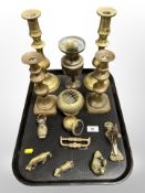 Two pairs of brass candlesticks, Indian enamelled brass vase, door knocker,