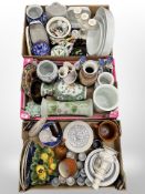 Three boxes of Continental ceramics, Oriental porcelain vases, lamp base, candlesticks,