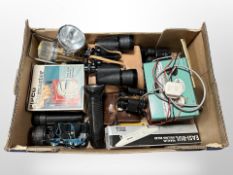 A box of pair of Nipole 10 x 50 binoculars, further pair of binoculars, torches, rule,
