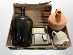 A box of snakeskin backgammon board, copper wine funnel, small pewter James Dixon flask,