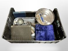 A box of silver plated wares, stainless steel wares, boxed fish cutlery, pedestal bowl,