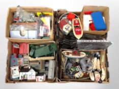 Two boxes of model railway track, buildings, toys, Action man in deep sea diving outfit,