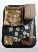 A group of crowns and pre-decimal coins, silver-mounted ashtray, eastern knife, oak money box,