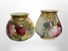 Two Royal Worcester blush ivory porcelain vases, tallest 9 cm.