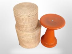 A mid century Danish plastic stool and two wicker baskets