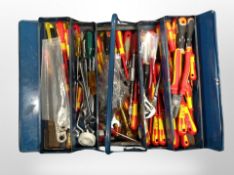 A metal concertina tool box containing hand tools, pliers,