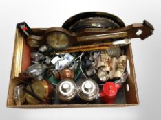A box of stainless steel storage jars, silver plated salvers, enamelled coffee pot,