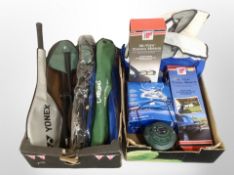 Two boxes of sports equipment, camping stove, caravan towing mirrors,