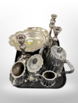 Silver plated wares including four-piece tea service, swing-handled basket,