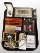 A group of costume jewellery, various boxed pens, Charles Rennie Mackintosh silver celtic brooch,