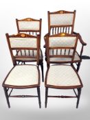 A late Victorian mahogany satinwood inlaid salon armchair and three matching single chairs
