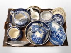 A box of blue and white ceramics, Copeland Spode Italian,