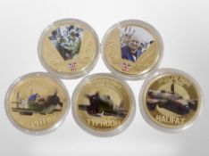 Five gold plated commemorative coins