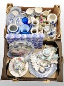 Two boxes of blue and white willow pattern ceramics, Continental figures,