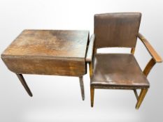 An Edwardian faux leather armchair together with an oak Pembroke table