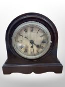 A late Victorian mahogany eight-day drum head mantel clock with silvered dial, height 34cm.