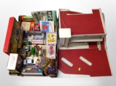 A vintage plywood model garage and a further box containing vintage toys, die cast cars,