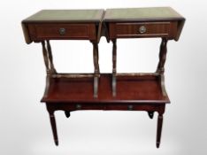 A pair of reproduction drop leaf mahogany occasional tables and a further coffee table