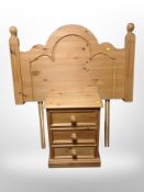 A contemporary pine three chest and 3' headboard