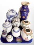 A modern Chinese blue and white vase together with further vase, pair of ginger jars,