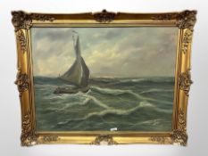 Danish school : oil on canvas, fishing boats in rough water,
