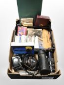 A box of vintage cameras and lenses, set of dominoes, colour postcards,