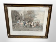 A 19th century hand coloured engraving depicting children dancing,