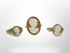 A 9ct yellow gold cameo ring, size S, together with two further 9ct yellow gold rings.