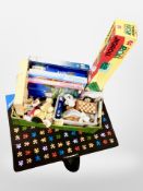 A box of puzzles, teddy bear collection teddies,