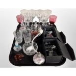 A group of crystal wine glasses, swan bowl, perfume atomiser,