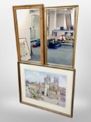 Two gilt framed mirrors, pine mirror, a Peter Wood pastel drawing and a print after Sturgeon.
