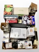 Two boxes of kitchen wares, storage jars, glass sets, glass teapots,