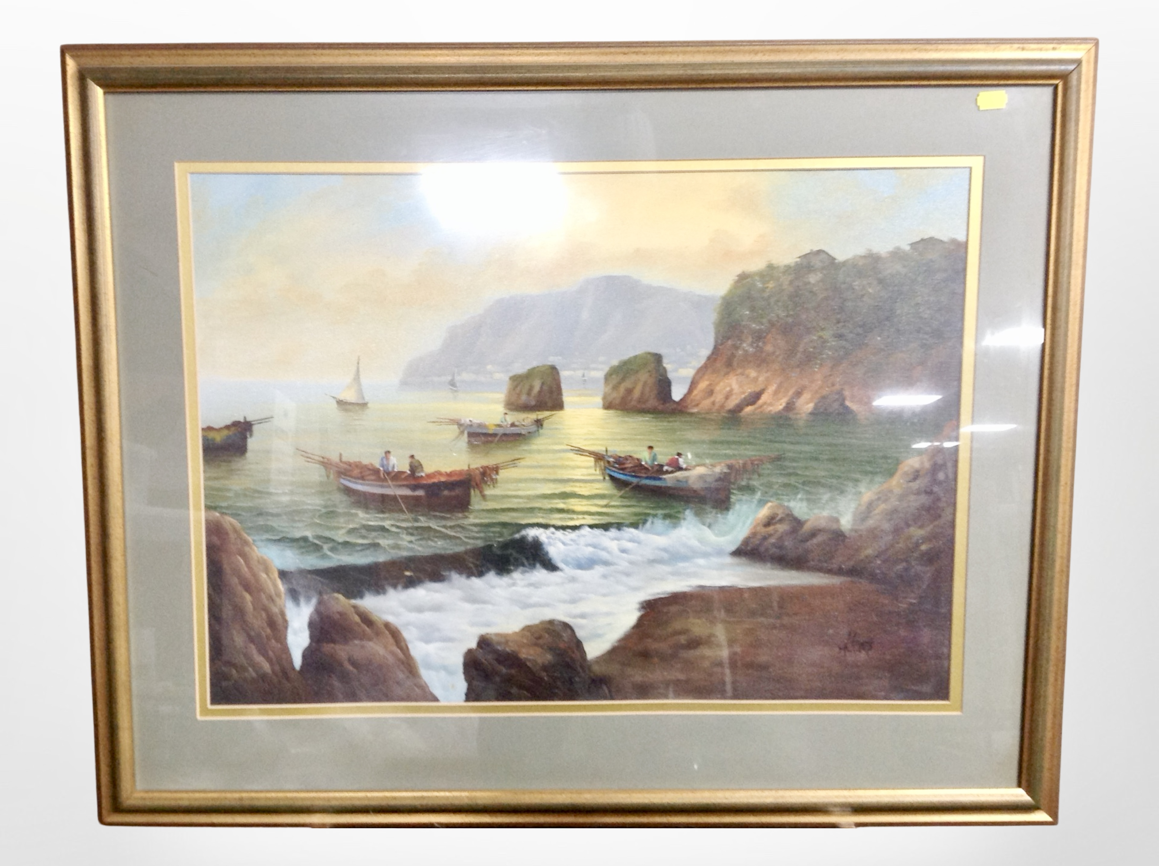 A contemporary oil painting depicting figures in rowing boats and a further limited edition print
