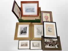 A box of pictures and prints, horse racing scenes, monochrome etchings,