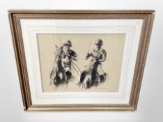 A monochrome print depicting jockeys on horse back,