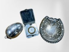 A silver horseshoe shaped dish, together with silver travel clock (af) and an antique pomander.