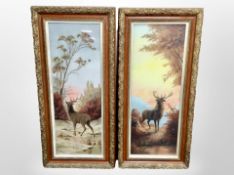 B E Bennett : Stags in wooded landscape, a pair of reverse paintings on glass,