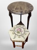 A tapestry upholstered hexagonal beech footstool and further occasional table