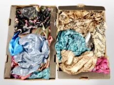 Two boxes of lady's silk shawls etc