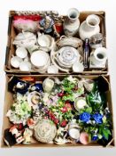 Two boxes of contemporary Chinese porcelain vases and figurines, Imari china, artificial flowers,
