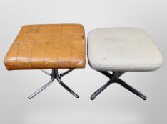 A 20th century stitched tan leather footstool on metal support and further upholstered stool