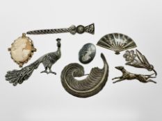 A good collection of vintage brooches including examples in silver and continental white metal etc.