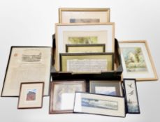 A box of pictures and prints, hand coloured engraving of Newcastle, framed burial certificate,