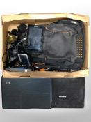 A box of HP and Samsung lap tops, Lenovo tablet, Tomtom sat nav,