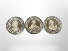 Three Queen Elizabeth II 80 Glorious Years silver proof £5 coins 2006.