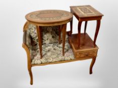 A carved beech telephone seat and two Italian inlaid occasional tables