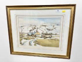 Nancy Dyson : An Open Landscape with Farm Buildings and Snowy Fells Beyond, watercolour, signed,