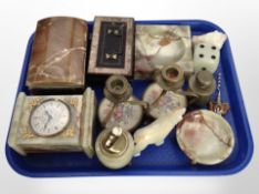 A group of onyx items, quartz clock, domed jewellery casket, ashtray, table lighter,