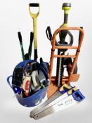 A sack barrow, Ryobi electric hedge trimmer and a quantity of tools including hand saws,